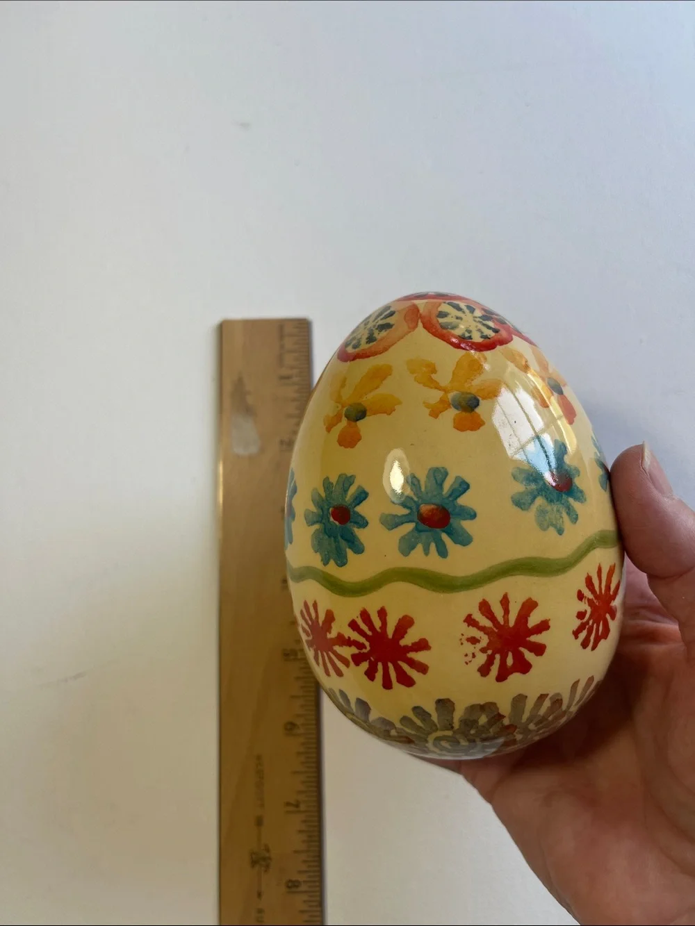 Vintage Hand-Painted Floral Decorative Easter Egg - Cream, Red, Blue, Orange